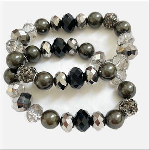 2 Beaded Stacking Bracelets with Black, Silver, Hematite, Rhinestone